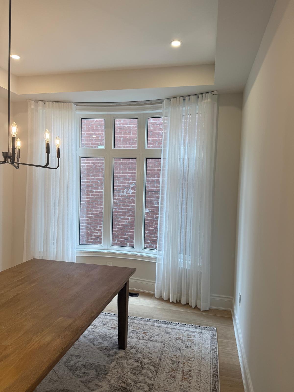 GTA dining room sheer drapery on custom window