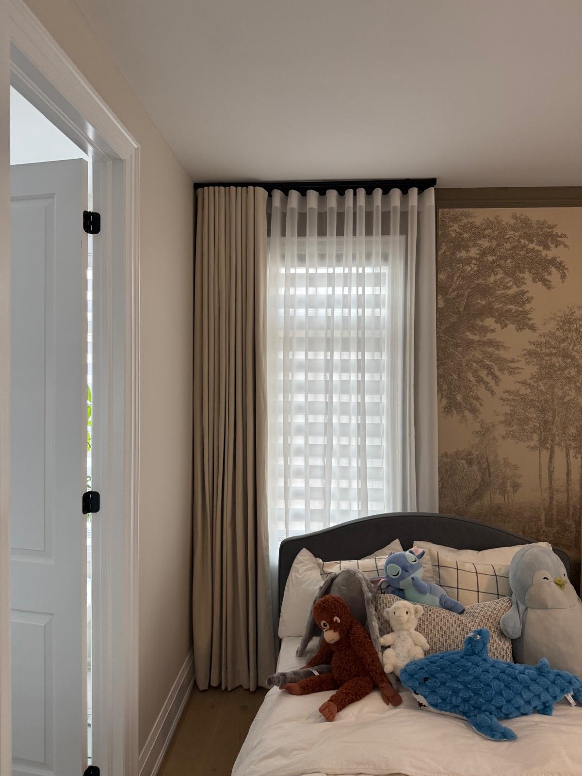Toronto bedroom sheer drapery with wallpaper accent wall