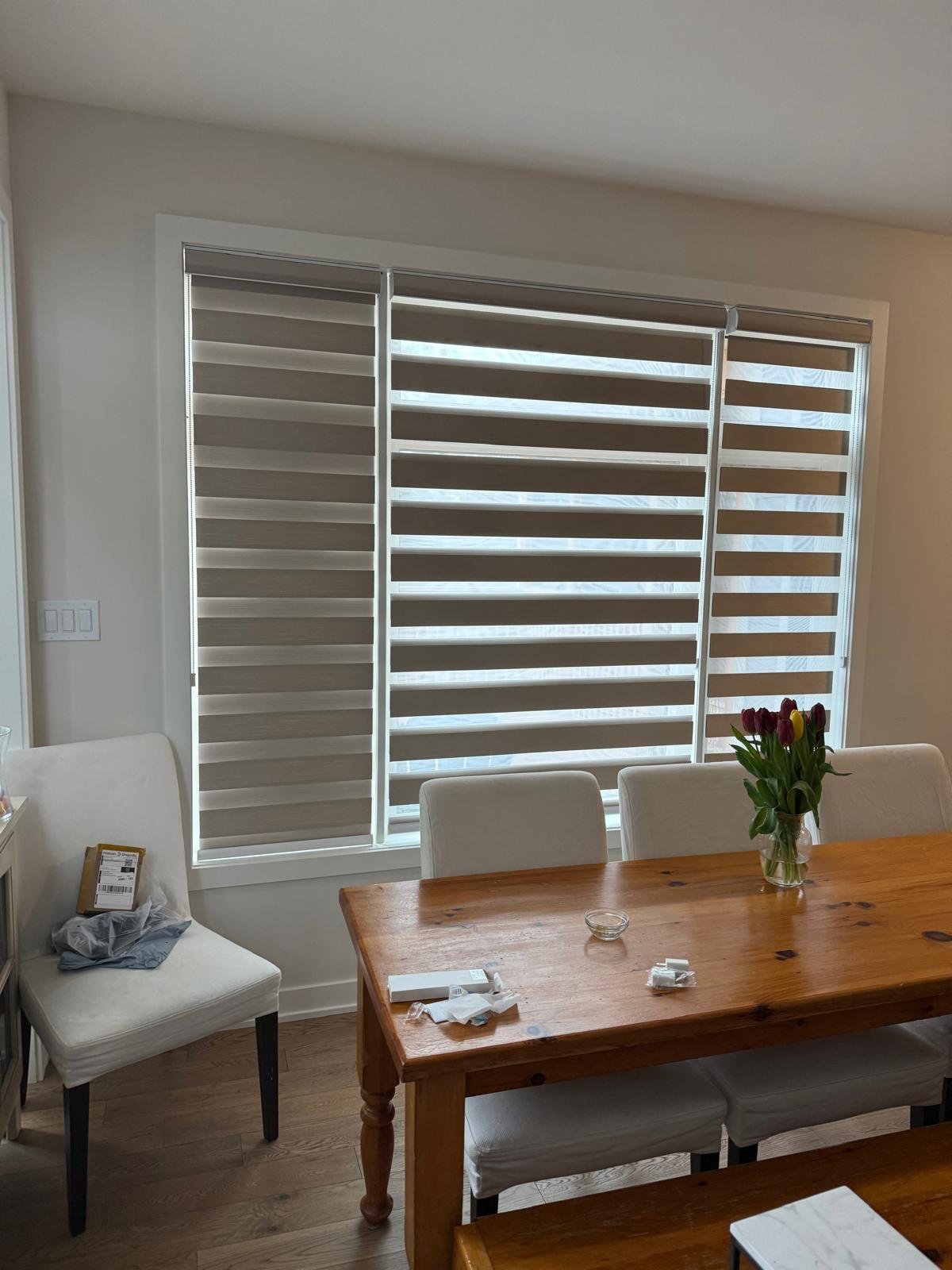 Toronto home office zebra shades above desk